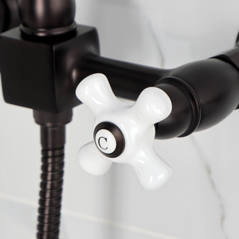 Kingston Brass Heritage Double-Handle 3-Hole Wall-Mount Bridge Kitchen Faucet with Brass Sprayer, Oil Rubbed Bronze