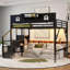 Lit mezzanine classique grand noir classique, structure en métal avec garde-corps en forme de maison, escalier intégré et garde-robe pour les enfants adolescents