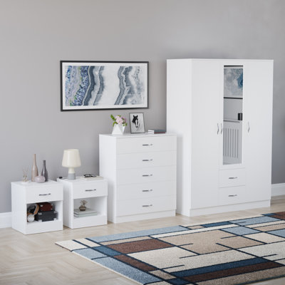 Tayce 4 Piece Bedroom Set (1 Drawer Bedside Chest X2, 5 Drawer Chest, 3 Door 2 Drawer Mirrored Wardrobe)