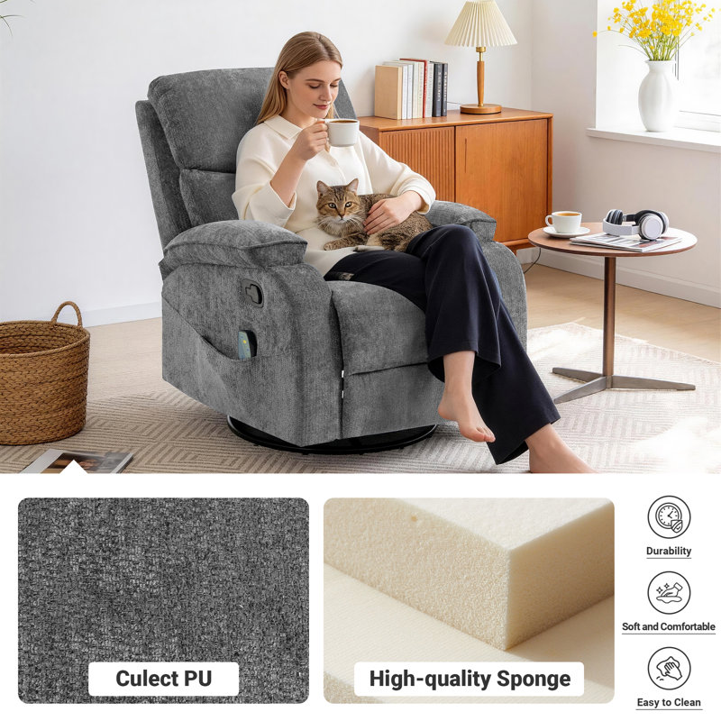 Swivel Rocker Recliner  Massage Chenille Fabric, Gray