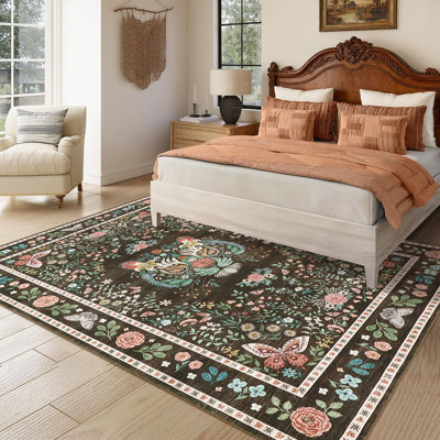 Tapis tigré et imprimé floral en faux velours lavable à la machine