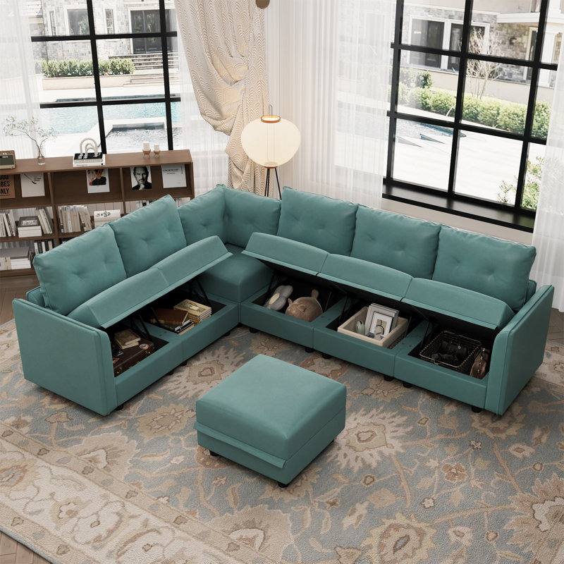 Kosuke Upholstered L-Shaped Sectional, Green Polyester Blend