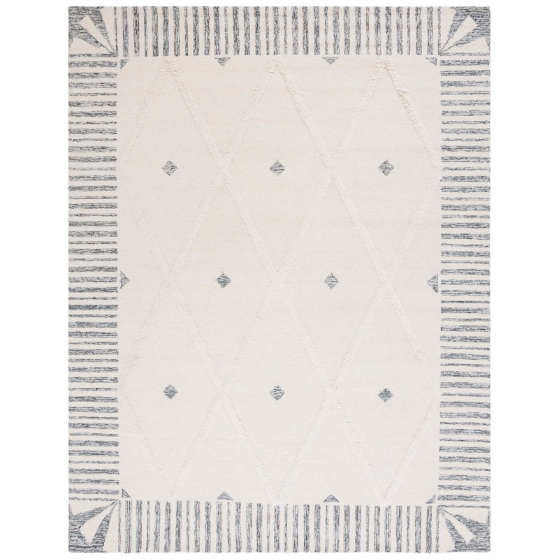 Abbeygail Hand Tufted Wool/Cotton Geometric Rug in Ivory/Black, Rectangle 8' x 10'