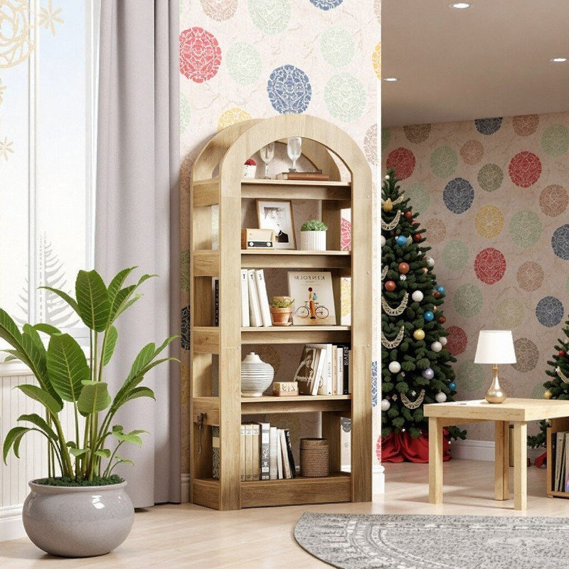 5-Tier Arched Bookshelf, Wood Look Bookcase Display Shelf