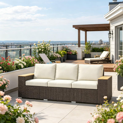Beige  3-Seat Outdoor Patio Sofa, PE Wicker Outdoor Couch with Extra Wide Deep Seat