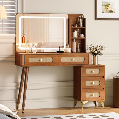 47''Vintage Makeup Vanity with Mirror and Lights, Makeup Vanity Desk with 5 Drawers and Storage Shelf, Rattan Drawer Design, 3 Color Modes and Adjustable Brightness Dressing Table,Walnut