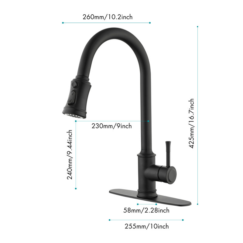 Matt Black Kitchen Faucet With Stainless Steel Construction, Pull Down For Easy Water Control Faucet, Steel, Out Spray Function Practical Applications