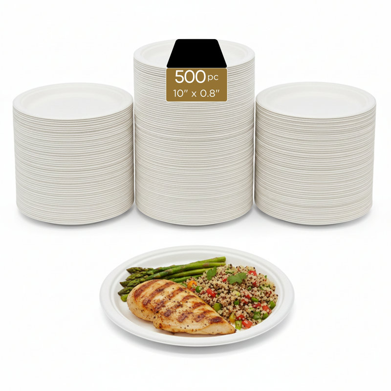 Bagasse Plates (PFAS-Free), White, 10", 500-Pack