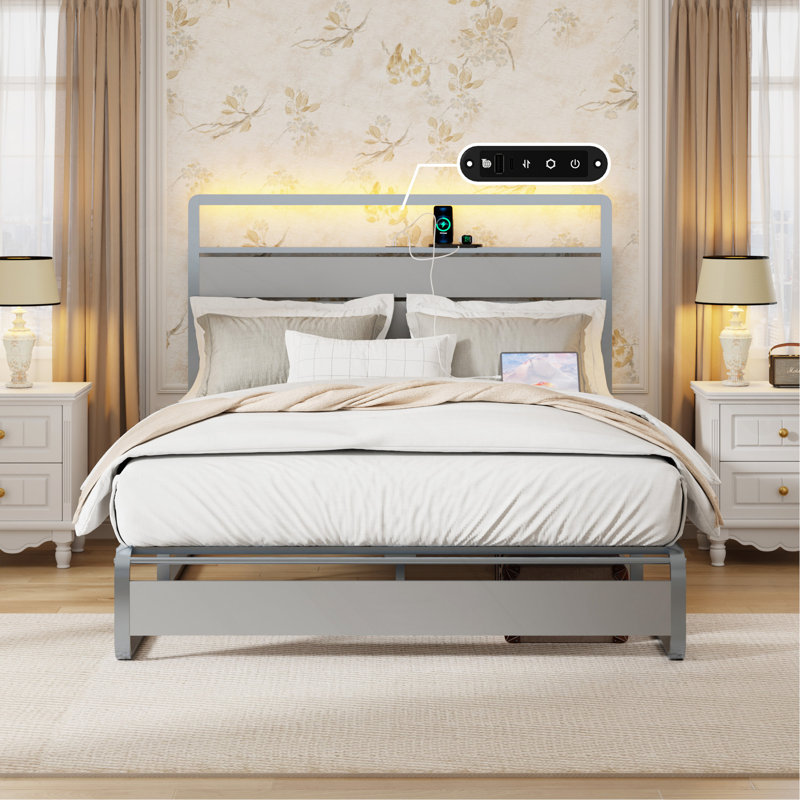 Grand cadre de lit avec tête de lit, cadre de lit plateforme en métal avec station de charge, cadre de lit plateforme robuste avec DEL, assemblage facile,