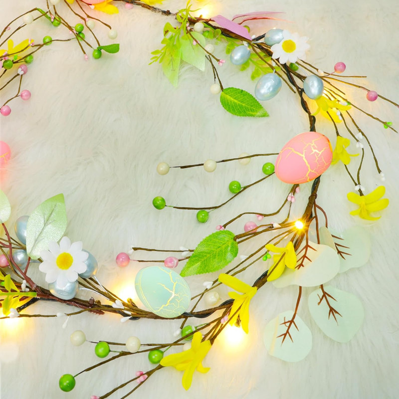 Décoration de guirlande de Pâques de 6 pi avec œufs de Pâques, guirlande florale suspendue artificielle pré-éclairée pour la cheminée
