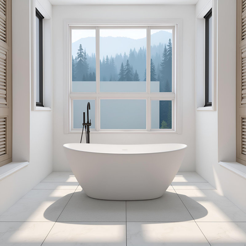 KAKUSIGA 61" Freestanding Deep Soaking Bathtub, Matte White Solid Surface Stone Resin Tub