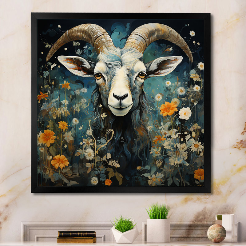 Bleu et jaune, fleurs de chèvre - art mural animal de chèvre, Cadre photo noir, H 30 po x l 30 po x P 1,5 po