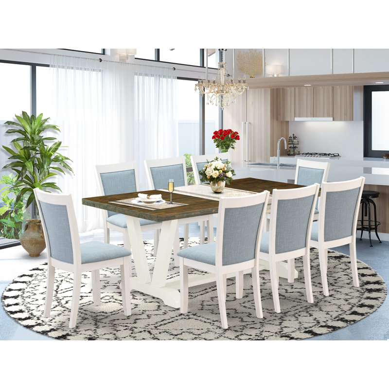 9-Pc Dining Table Set Contains a Distressed Jacobean Modern Table and 8 Baby Blue Linen Fabric Dining Chairs with Stylish Back - Wire Brushed Linen White