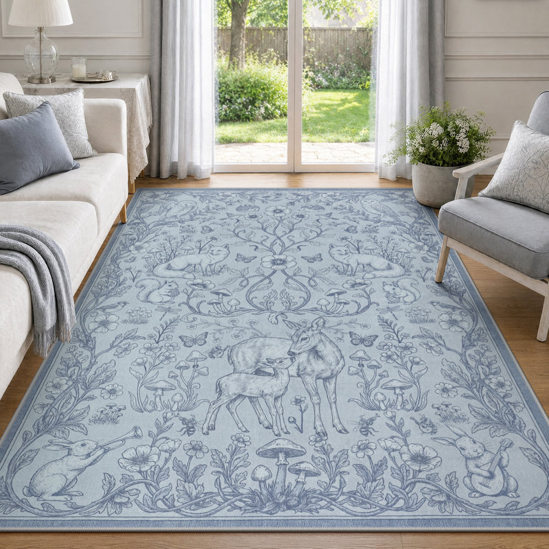 Tapis d'intérieur fantaisie à motif botanique forestier, doux, à poils courts, lavable et antidérapant, 5' × 7', Bleu