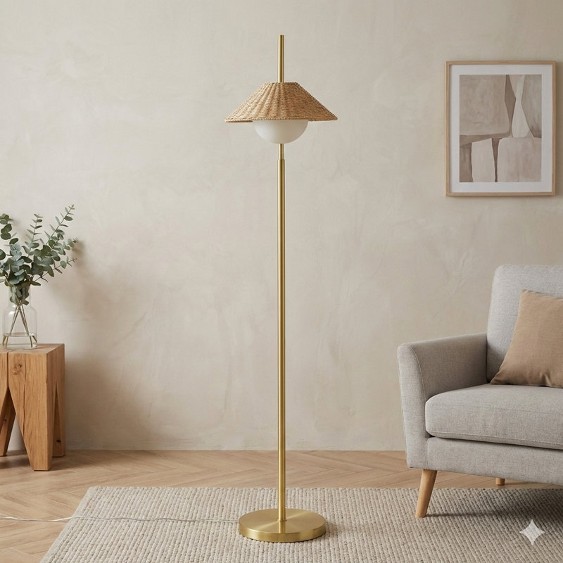 Lampe sur pied à abat-jour en rotin tissé doré / naturel