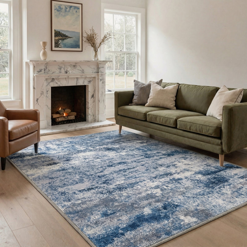 Comeau Aura Modern Abstract Machine Washable Blue / White Indoor Area Rug with Non-Slip Backing, Rectangle 6' x 9'