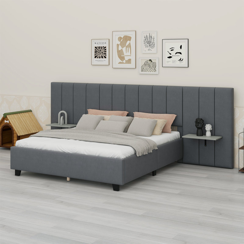 Lit plateforme tapissier avec grande tête de lit, Gris, Grand lit