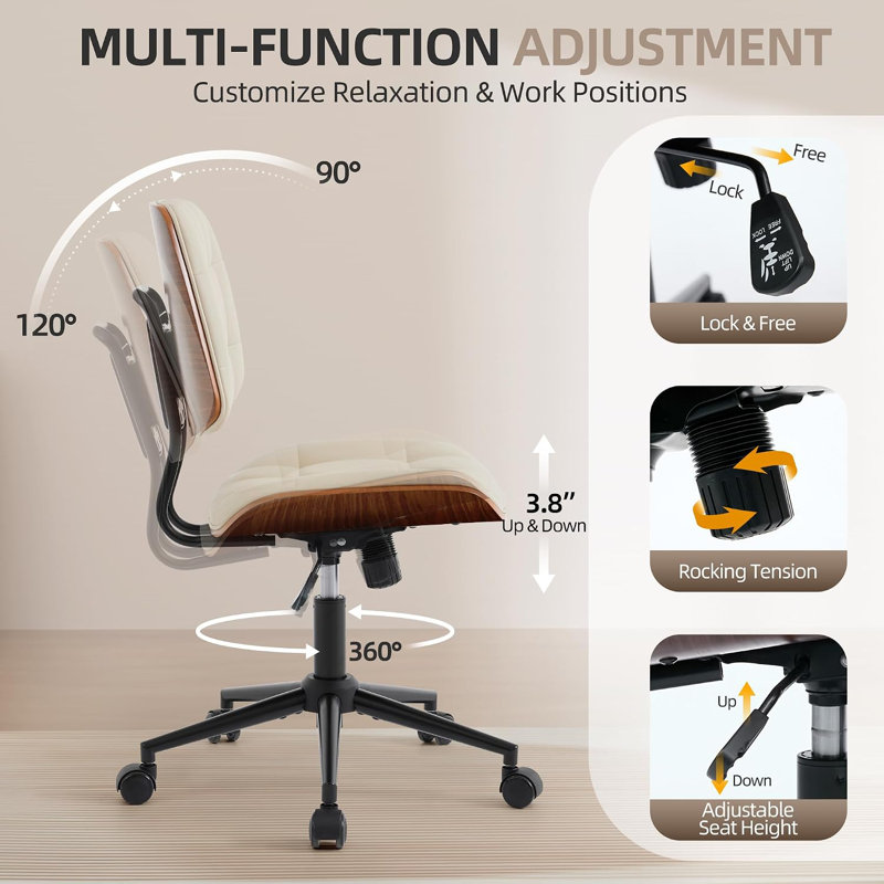 Chaise de bureau sans accoudoirs avec roulettes, chaise de bureau moderne sans accoudoirs, Beige