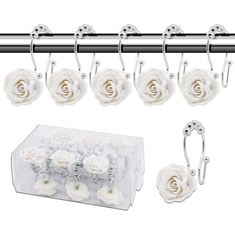 Crochets de rideau de douche Rose, 12 pièces Anneaux de rideau de douche à double glissement Anneau de crochet de douche décoratif en acier inoxydable antirouille avec résine Rose pour tringles de douche de salle de bain (blanc)