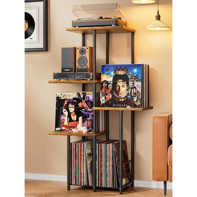 Record Player Stand, Vinyl Record Storage Holder with Display Shelf, Turntable Stand Table with Vinyl Organizer Dividers Album Rack, Black & Rustic Br