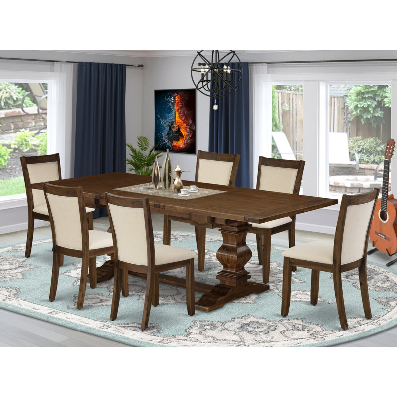 Ensemble de table de salle à manger 7 pièces composé d'une table de salle à manger rectangulaire avec rallonge amovible et 6 chaises Parson en tissu de lin beige clair, noyer antique