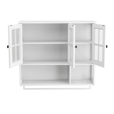 Bathroom Wall Cabinet, 3-Door Wooden Wall Cabinet with Open and Hidden Storage Space, Medicine Cabinet with Glass Door and Towel Bar for Entryway Living Room Bathroom Dining Room,White