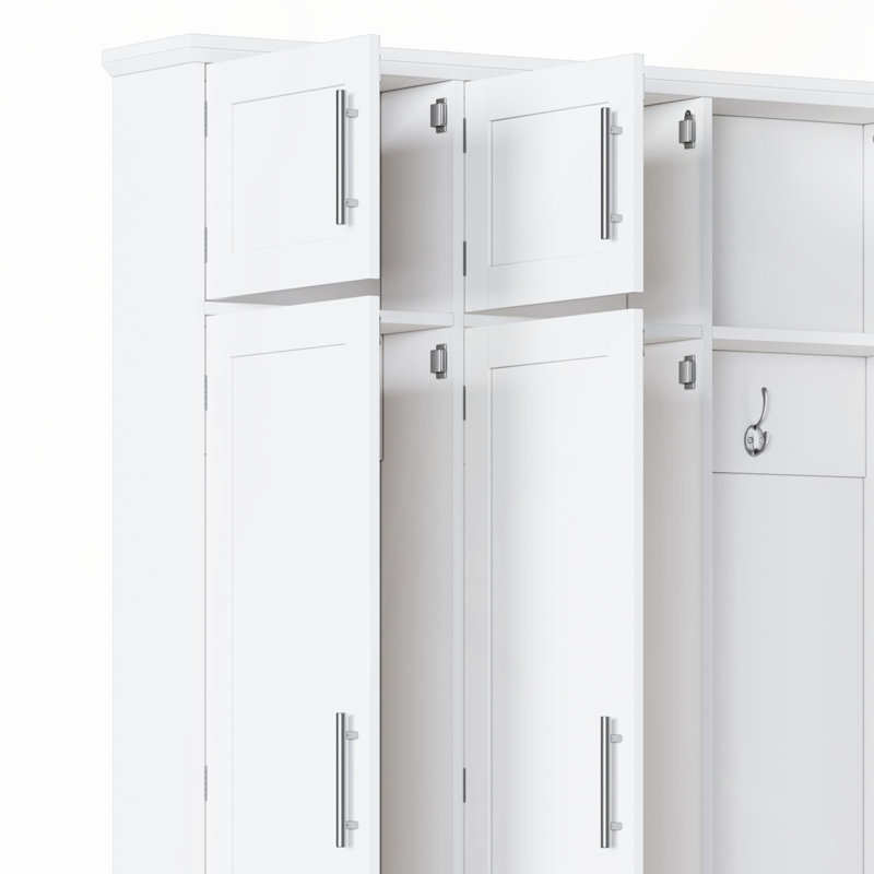 Arbre d'entrée de style campagnard avec 4 crochets cachés, banc polyvalent en noyer avec 8 portes, armoire à chaussures d'entrée avec compartiments ouverts pour le salon, blanc