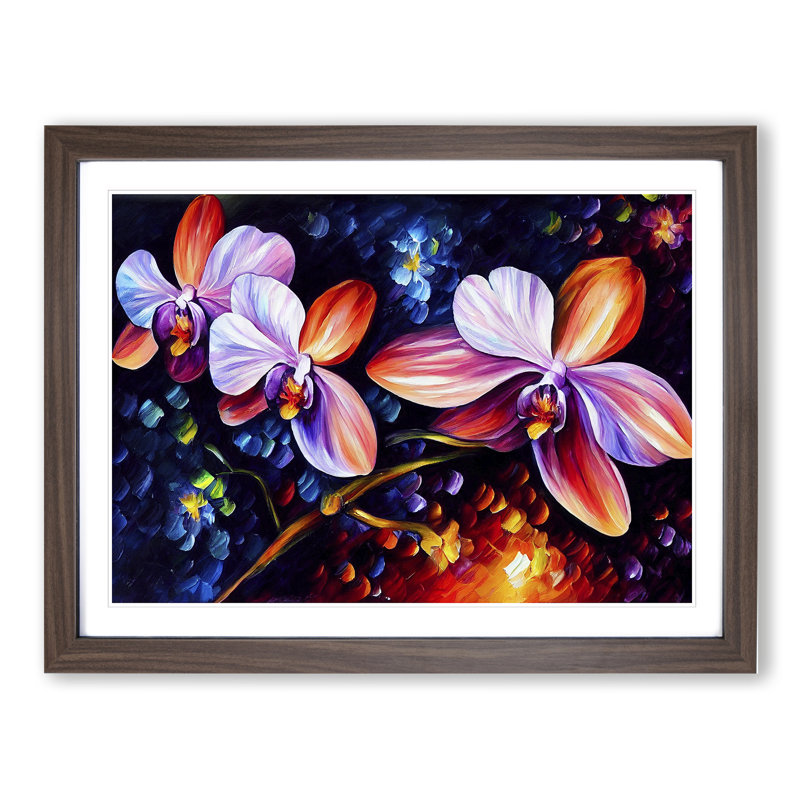 Orchid Flower Painting Vol.2 Abstract - Single Picture Frame Print, 46cm H x 64cm W, Walnut