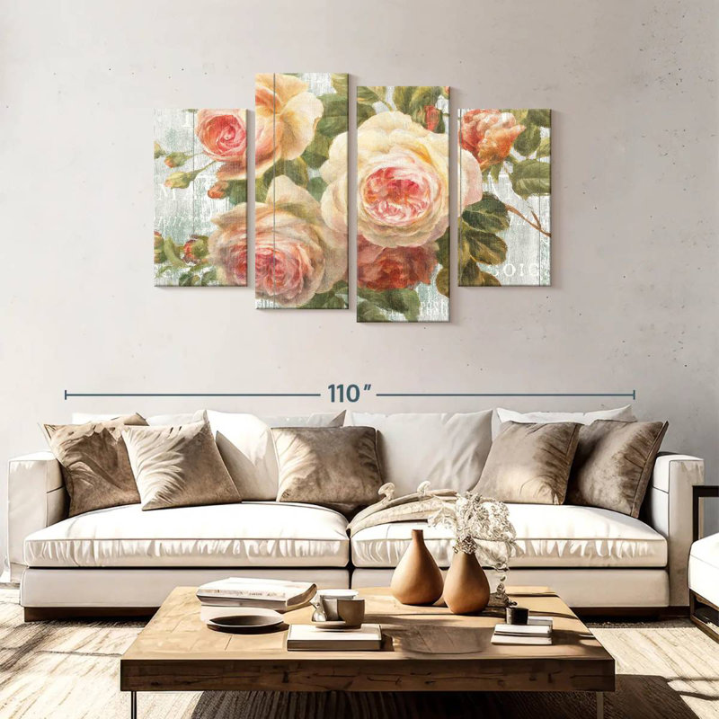 Roses Harnek rétro sur bois flottant, H 48 po x l 75 po