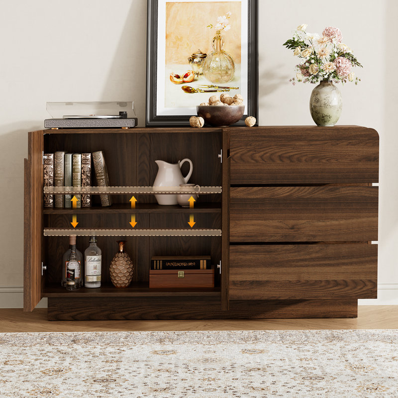Buffet de 55 po avec tablette réglable et 3 tiroirs pour la cuisine, la salle à manger et le salon, Noyer