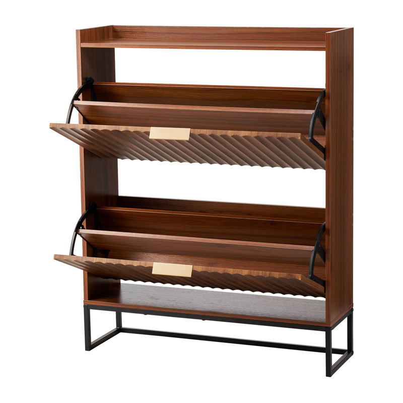 Shoe Cabinet With 2 Flip Drawers, Mid-Century Shoes Storage Cabinet With Anti-Tipping Device, Freestanding Fluted Shoe Organizer