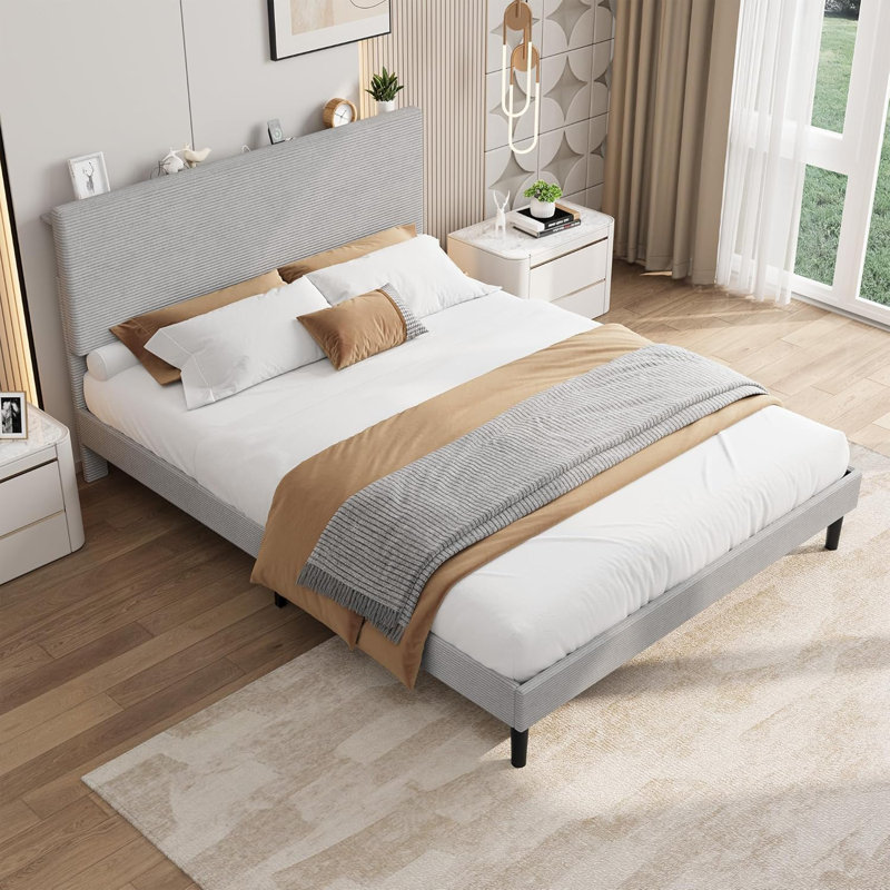 Structure de lit double avec station de charge USB, structure de lit tapissier en velours côtelé avec tête de lit réglable, support de lattes en bois, aucun sommier requis, assemblage facile, gris