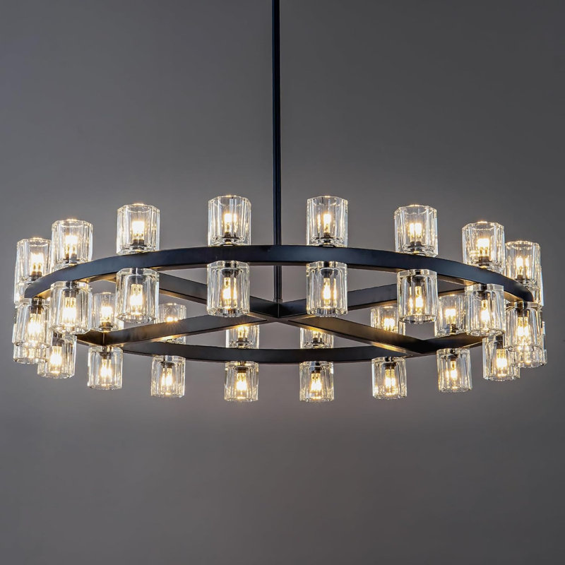 Elrey 36" W 36-Light Dimmable Crystal Chandelier, Matte Black
