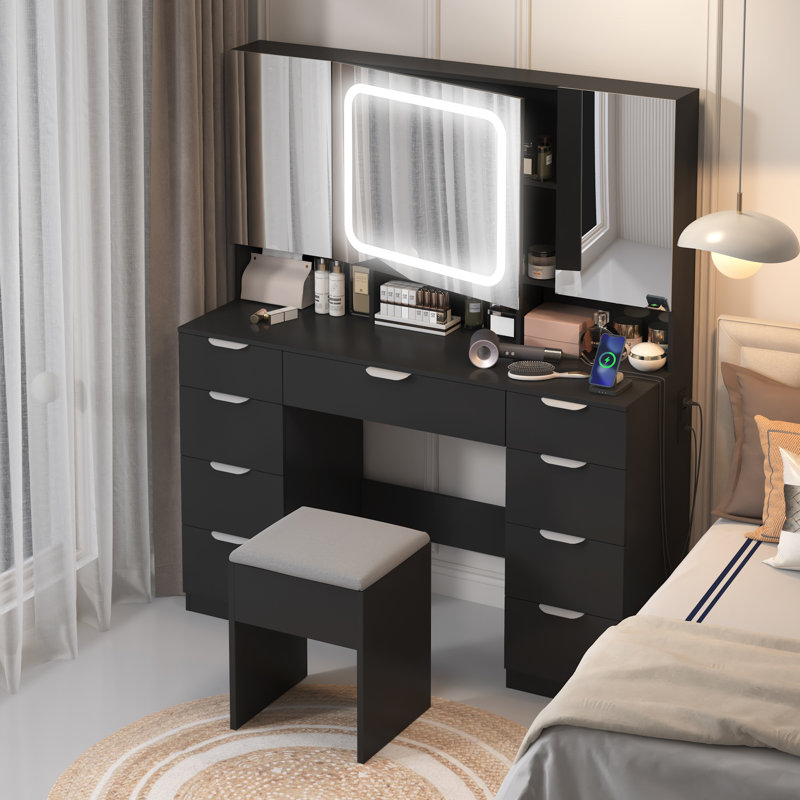 Ensemble de coiffeuse avec USB, Noir, noir, noir, noir