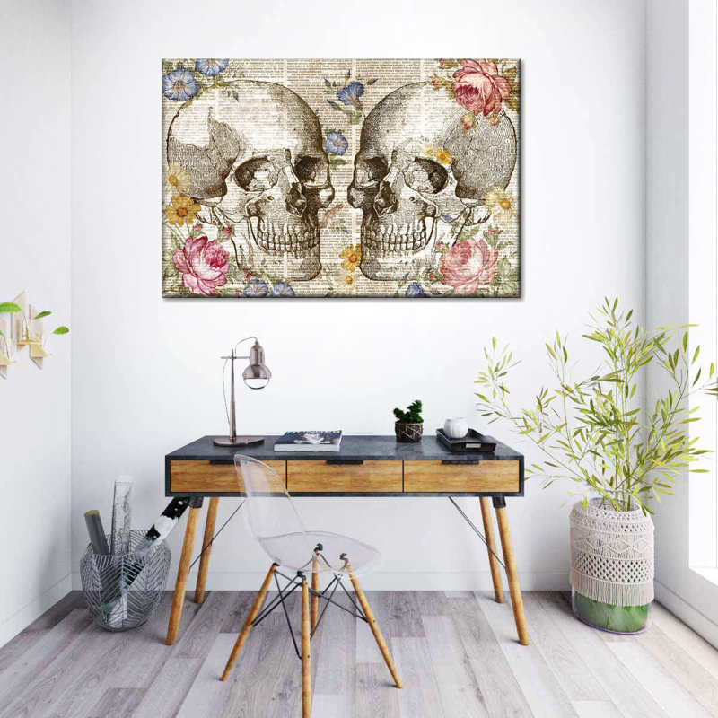 Tête de crâne floral, H 16 po x l 24 po x P 1,25 po