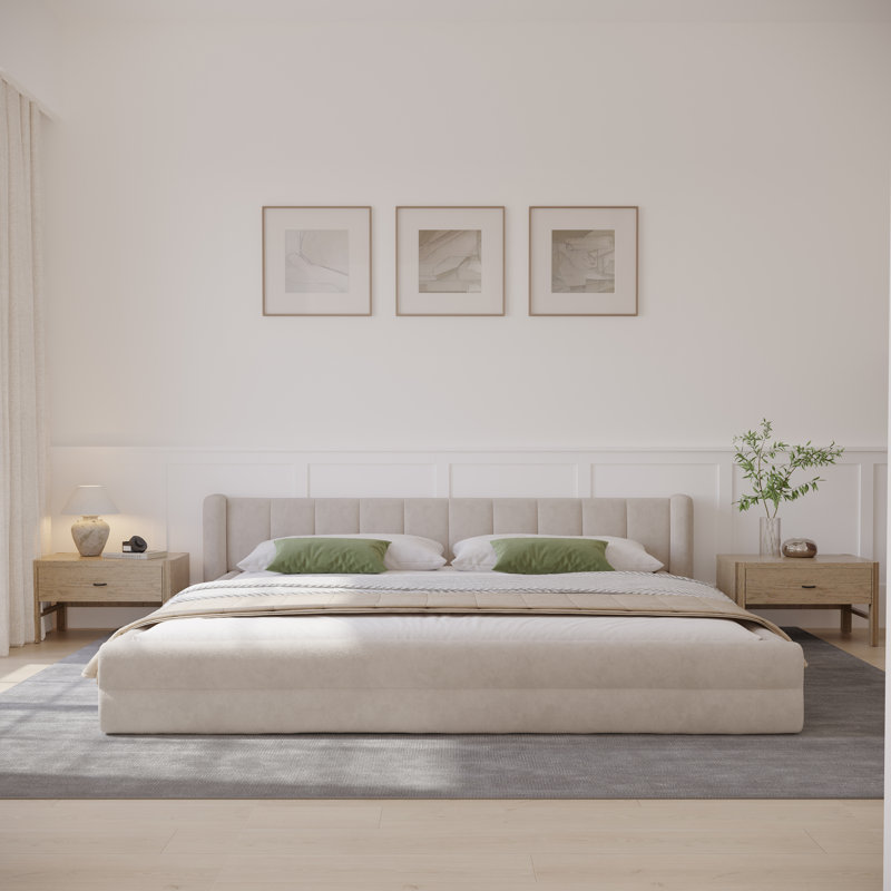 Base de lit tapissier Chenille, lit plateforme avec tête de lit à oreilles, Beige, Très grand