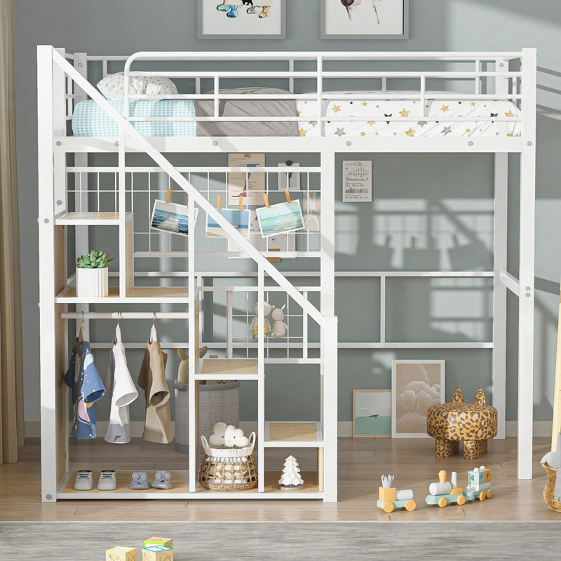 Lit mezzanine simple en métal avec escalier de rangement et petite armoire, Blanc