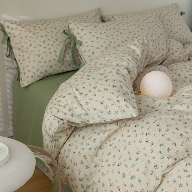 Pure Cotton Floral Print Bedding Duvet Cover Set, Twin XL Duvet Cover + 2 Twin XL Pillowcases, Green Floral
