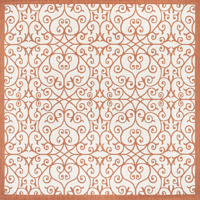 Tapis d'intérieur / extérieur crème / orange tissé texturé Deronte, Carré 5 pi 3 po