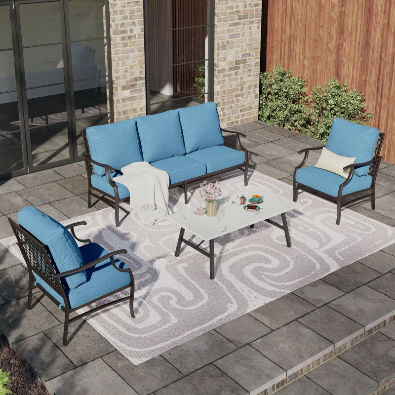 Ensemble de conversation de patio pour 5 à 7 personnes avec repose-pieds optionnel Asfand, Bleu denim, Non