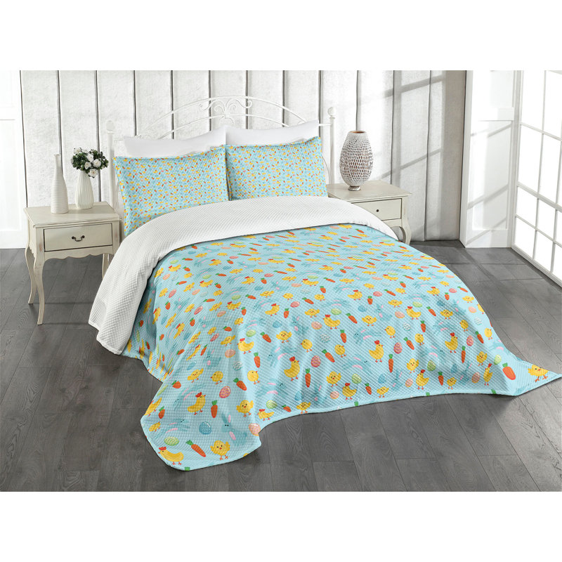 Ambesonne Easter Bedspread Set Eggs Chicks Chickens Rabbits Multicolor, King Bedspread + 2 Standard Shams