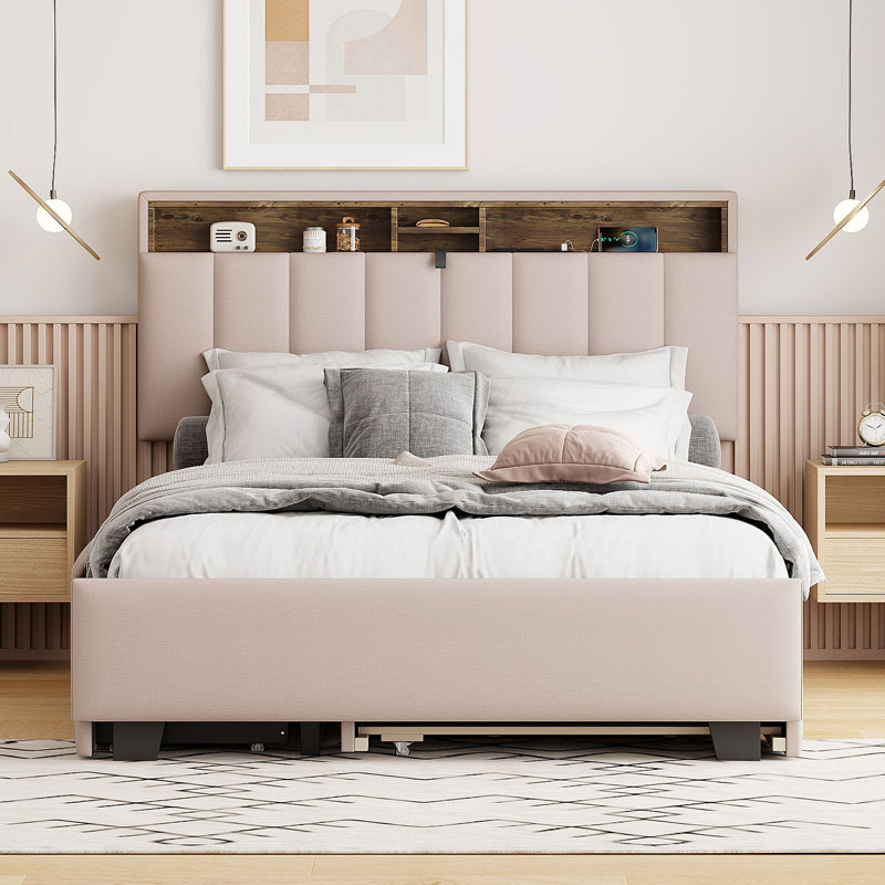 Lit plateforme tapissier avec lit gigogne avec tête de lit et 2 tiroirs, ensemble de prises et ports USB, Beige