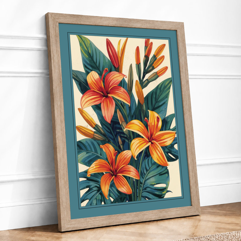 Lilies in Bloom Botanical - Framed Print, A3 - 42.0 x 29.7 cm, Oak