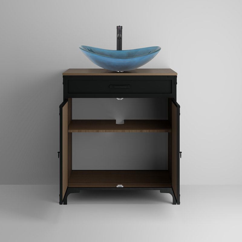 Meuble-lavabo sur pied simple 30 po avec comptoir en bois manufacturé avec lavabo et robinet, Noir, Bleu / Noir