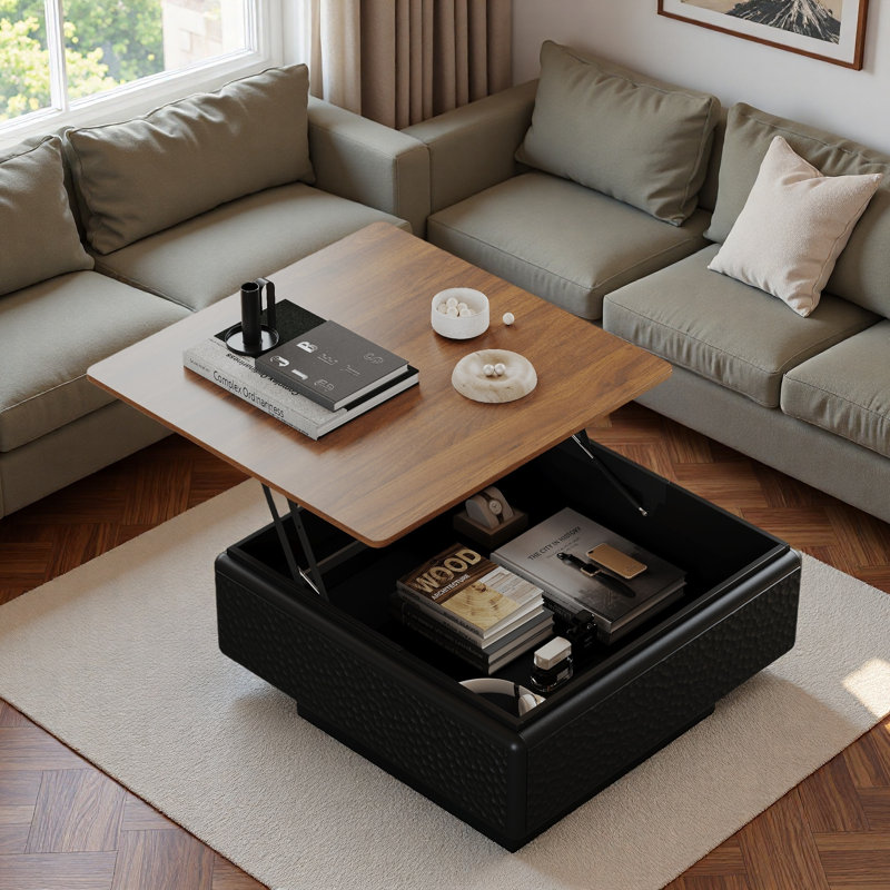 Table basse moderne carrée avec plateau relevable, rangement dissimulé et base flottante