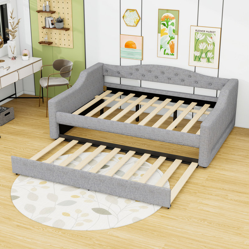 Upholstered Daybed with LED Lights and Trundle, Gray