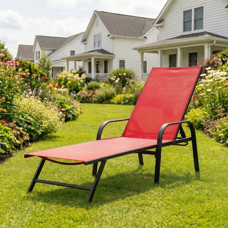 Chaise longue d'extérieur pliante portative inclinable avec 5 positions et coussin pour la pelouse, la plage, Rouge