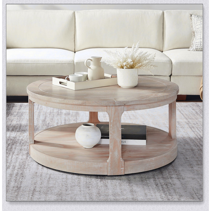 40Inch Large Curved 2 Tier Traditional Round Wooden Coffee Table With Wheels, Mid Century Rustic Style For Living Room, Oak