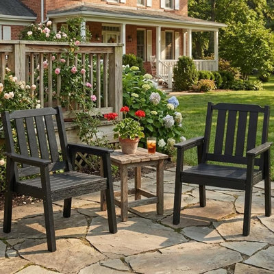 Outdoor Patio Dining Chairs Set of 2, All-Weather HDPE Garden Dining Chairs with Armrests, Wide Seat & Sturdy Frame, Waterproof Design for Garden, Backyard, Deck, Black
