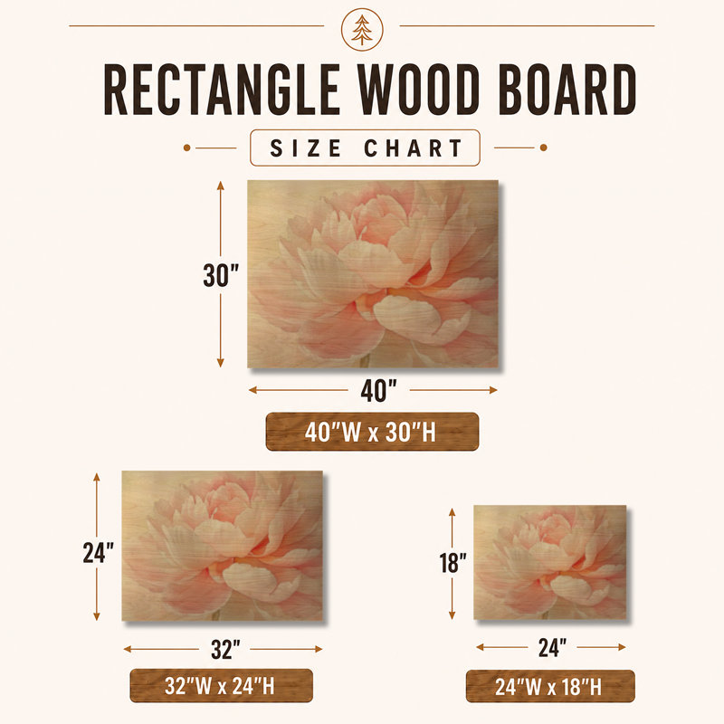 Fleur de pivoine douce I - art mural floral en bois, H 24 po x l 32 po, Rectangulaire